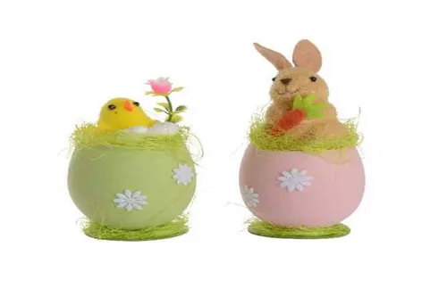 Osteraufsteller im Ei mit Küken und Hase im 2er-Set