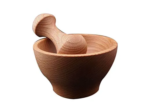 Holzmörser-Set - Kleiner Küchenmörser und Stößel - Gewürze und Kräuter mahlen - Tolles Geschenk - Beständiger Mörser aus Buchenholz. - Größe 10,5 cm x 6 cm