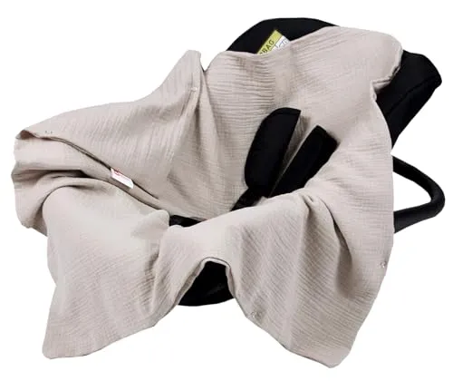 Babylux Einschlagdecke für Babyschale Autositz 80x80 cm – Sommer Babydecke aus Musselin Baumwolle – Atmungsaktiv, mit Gurtschlitzen (Natural)