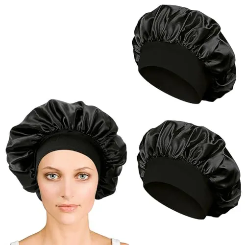 iLamvie 2 Stück Satin Haarhaube, Nacht Schlafhaube,Schlafhaube Haare Schützen,Satinhaube Zum Schlafen,Haarnetz Für Damen Und Mädchen(Schwarz)