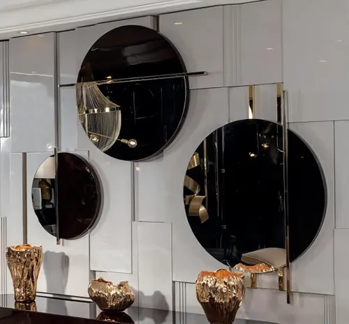 Runder Wandspiegel für Wohnzimmer - Luxuriöses Design in Braun - Eleganter runder Wandspiegel für modernes Wohnen, ideal für Foyer oder Lounge. Maße: 90 cm Durchmesser, stilvoller Holzrahmen in Braun, perfekt für eine ansprechende Raumgestaltung.