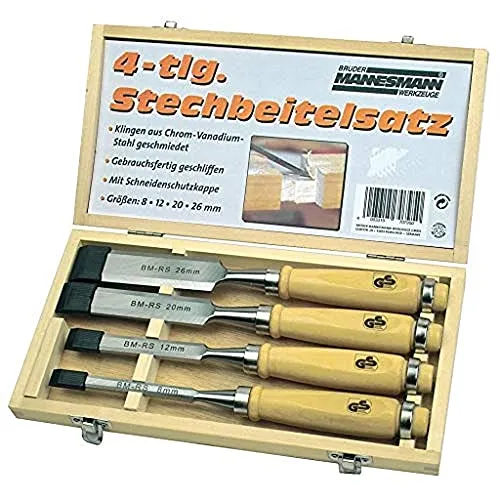 BrüderMannesmann Stechbeitel M66104 Set, 4-teilig - Sonstige - Hochwertiges 4-teiliges Stechbeitel-Set im Holzkasten mit geschmiedeter Schneide und lackiertem Holzheft für präzises Arbeiten.