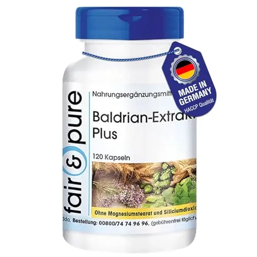 Fair & Pure Baldrian-Extrakt Plus 120 Kapseln, mit Hopfen und Melisse, veganes Nahrungsergänzungsmittel ohne Zusätze, in Deutschland hergestellt