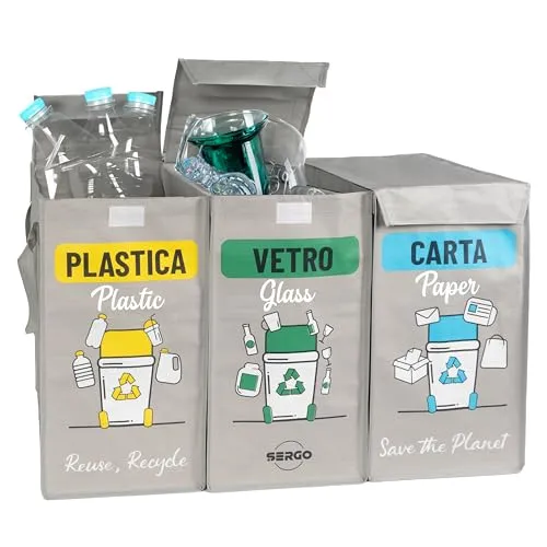 SERGO Mülltrennung mit Deckel – 3-in-1 Mülltrennsack für Kunststoff, Papier und Glas – Robuste Mülltonne mit 3 Fächern
