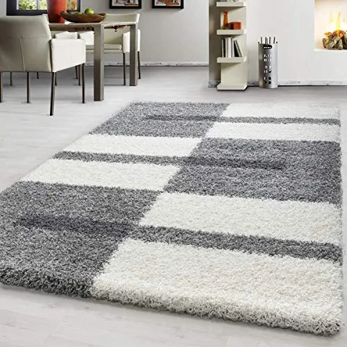 Teppium Moderner Hochflor Teppich Wohnzimmer 160x230 cm Hellgrau - Shaggy Flauschiger Teppich, Extra Weich, Pflegeleicht und Kariertes - für Schlafzimmer, Küche und Esszimmer