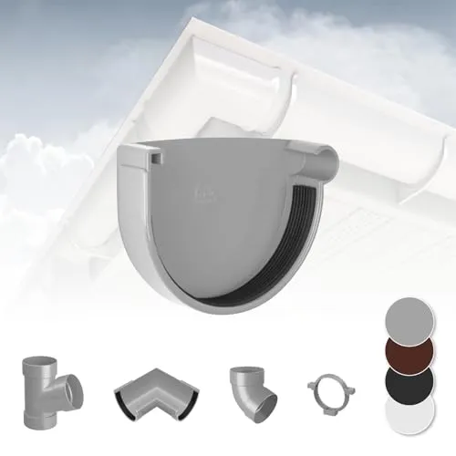 RAINWAY L Regenrinnen System (Rinnenendstück mit Dichtlippe rechts grau) - PVC-U Kunststoff in 4 Farben, für Dachflächen > 100m² empfohlen, Endstück Endkappe