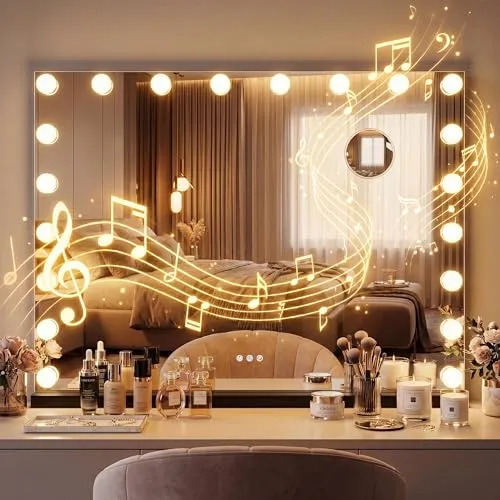 CLP Schminkspiegel Norlina schwarz mit Bluetooth - Kosmetikspiegel mit 20 dimmbaren LED-Leuchten, 10-facher Vergrößerung und integriertem Bluetooth-Lautsprecher für ein perfektes Make-up-Erlebnis.