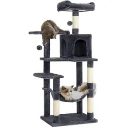 Feandrea Kratzbaum, 143 cm hoch, Katzenbaum, mehrstöckiges Katzenhaus, mit 4 Kratzsäulen, 2 Plattformen, Hängematte, Höhle, rauchgrau PCT161G01