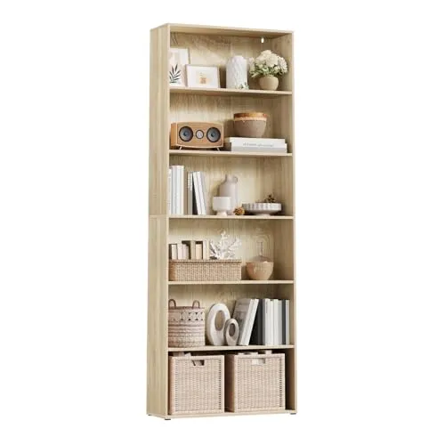 WOLTU Bücherregal, Regal mit 6 verstellbaren Ebenen, offenes Standregal, Raumteiler stehend, Aufbewahrungsregal für Wohnzimmer, Büro, Schlafzimmer, 60x180x23,5 cm, helle Eiche，SK052hei