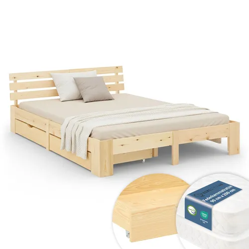 Homestyle4u Holzbett 180x200 mit 2 Matratzen und Schubladen - Doppelbett 180x200 cm aus massivem Kiefernholz, inklusive zwei komfortabler Matratzen. Praktische Schubladen bieten zusätzlichen Stauraum. Ideal für gemütliche Schlafzimmer und stilvolle Einrichtung.