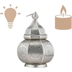 Marrakesch Lampe und Laterne 30 cm | Orientalische Tischlampe Windlicht Lamisa Silber - Tischlampe und Windlicht in einem, ideal für romantische Beleuchtung. Mit E27 Fassung für individuelle Leuchtmittel, perfekt für Innen- und Außendekoration.