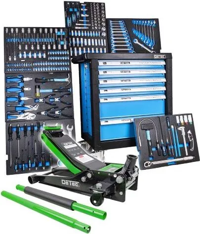 Werkstattwagen gefüllt mit Werkzeug und 3 Tonnen Wagenheber - grün - Werkstattwagen mit 6 Schubladen, kratzresistent und mit Schlüssel verschließbar. Ideal für Profis und Hobbyhandwerker, mobil mit Feststellbremsen.