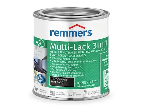 Remmers Multi-Lack 3in1 tiefschwarz (RAL 9005) 0,375 l - Wetterfester 3in1 Lack für Holz, Metall & PVC, ideal für Innen- und Außenanwendungen mit hervorragendem Korrosionsschutz und sehr guter Haftung.