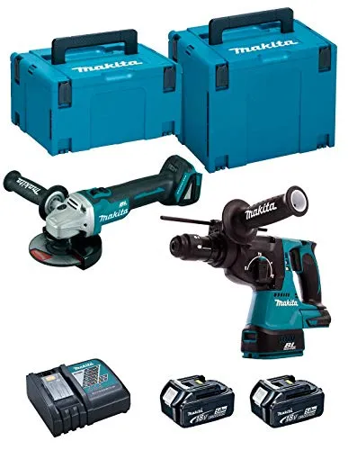 Makita DLX2125TJ1 – Combo DGA504Z + DHR243Z - Akkuschrauber Set mit Winkelschleifer und Kombihammer, inkl. 2 leistungsstarker 5,0Ah Akkus und schnellem Ladegerät für effizientes Arbeiten auf der Baustelle.