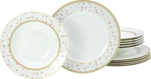 CreaTable Emilia Tafelservice 12-tlg (creme weiss) - Komplett-Service für 6 Personen, aus hochwertigem Porzellan in romantischem Blumendesign, ideal für festliche Anlässe und den täglichen Gebrauch. Mikrowellen- und spülmaschinengeeignet.