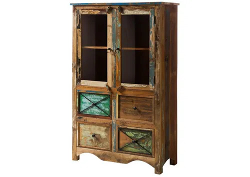 Highboard Altholz 95x40x150 – NATURE OF SPIRIT - Einzigartiges Highboard aus farbenfrohem Massivholz mit 4 Fächern und 4 Schubladen. Ideal für kreativen Stauraum und als stilvoller Blickfang in jedem Raum.