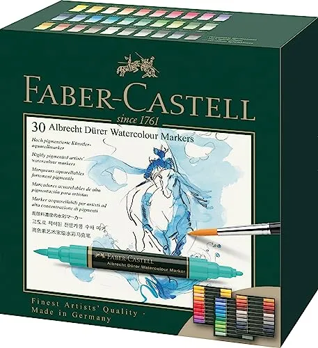 FABER-CASTELL 160330 Aquarellmarker Albrecht Dürer 30er Etui - Hoch pigmentierte Aquarelltinte mit Doppelspitze für präzise Details und flächigen Farbauftrag. Ideal für Künstler, die Wert auf Lichtbeständigkeit und exakte Linienführung legen.
