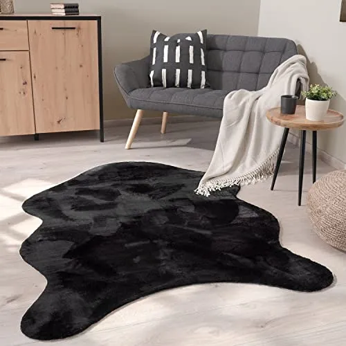 Paco Home Waschbarer Teppich Wohnzimmer Schlafzimmer Kurzflor rutschfest Modern Flauschiger Fellteppich Fell Imitat Kunstfell, Grösse:80x120 cm Fell-Form, Farbe:Schwarz
