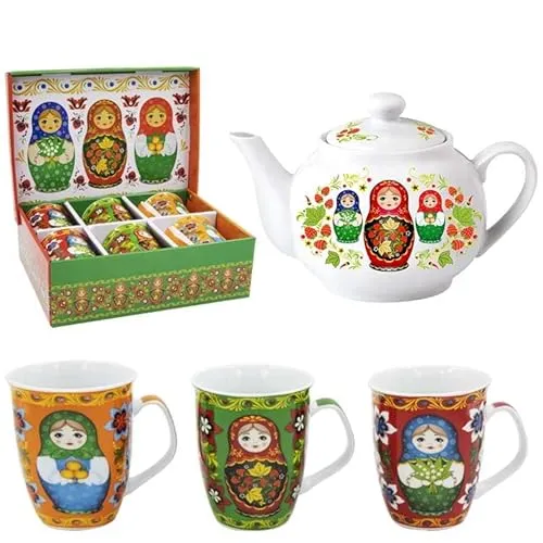 Porzellan SET Teekanne Matröschka 0,9 Liter + 6-Tassen-Set Matrjoshka Matrjoschka je 330 ml Матрёшка