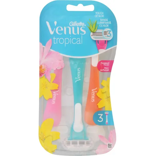 Gillette Venus Tropical Rasierer - 3 Stück - Genießen Sie eine sanfte Rasur mit 3 flexiblen Klingen, die sich Ihrer Haut anpassen. Der ergonomische Griff sorgt für sicheren Halt, während der einzigartige Duft der Griffe Ihr Rasiererlebnis verleiht.