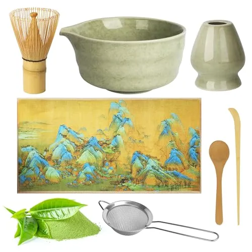 Nuangoo Matcha-Set,7Stück Matcha Set,inklusive Matcha Besen, Matcha Teesieb, Matcha Schale, Teebesen,Geschirrtuch und Matcha-Löffel, geeignet für Teeliebhaber und Teezeremonie-Anfänger