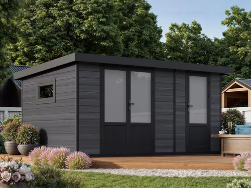 WPC Gartenhaus Style DeLuxe 2-Raum 12,24 m² – Modern und Langlebig - Das WPC Gartenhaus Style DeLuxe bietet mit 2 Räumen und robusten 28 mm Wandbohlen viel Stauraum. Die pflegeleichte Oberfläche und UV-beständige Materialien garantieren eine moderne Optik und Langlebigkeit.