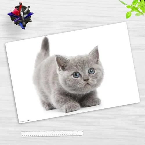 cover-your-desk.de Schreibtischunterlage Graue Katze - Abwaschbar & Made in Germany - Schreibunterlage mit süßer grauer Katze, ideal für Kinder. Hergestellt aus robustem, abwaschbarem Vinyl, schützt sie den Tisch vor Flecken und Kratzern. Praktisches Format und hohe Fotodruckqualität machen sie zum Hingucker!