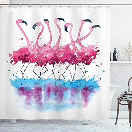 ABAKUHAUS Flamingo Duschvorhang, Flamingo and Bird, Stoffliches Gewebe Badezimmerdekorationsset mit Haken, 175 x 200 cm, Blau Lila Rosa