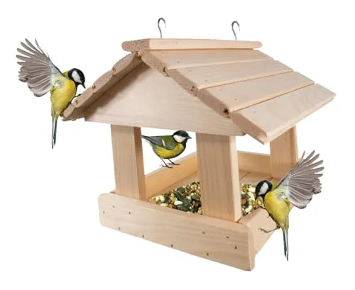 WOODOK Vogelhaus wetterfest aus robustem Holz, Futterhaus für Vögel zum Aufhängen, Rustikales Design für Balkon, ökologisch & nachhaltig, 25x25x30 cm - Naturholz