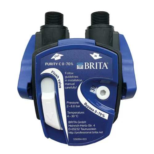 Brita Purity C Filterkopf 0-70% variabler Verschnitt - Wasserfilter für variable Wasserhärte, ideal für Kaffee- und Espressomaschinen; einfache Handhabung mit integriertem Spülventil und Werkzeuglosem Filterwechsel.