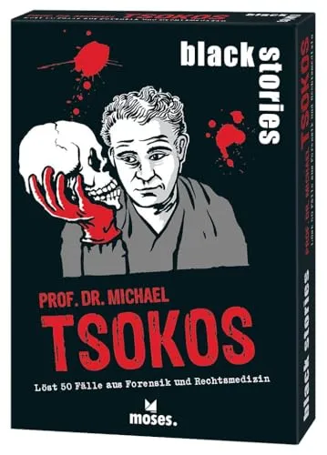 Moses. Black Stories Tsokos – 50 morbide Kriminalfälle aus der Welt der Rechtsmedizin, True-Crime-Rätselspiel mit realen forensischen Fällen, spannendes Kartenspiel ab 16 Jahren
