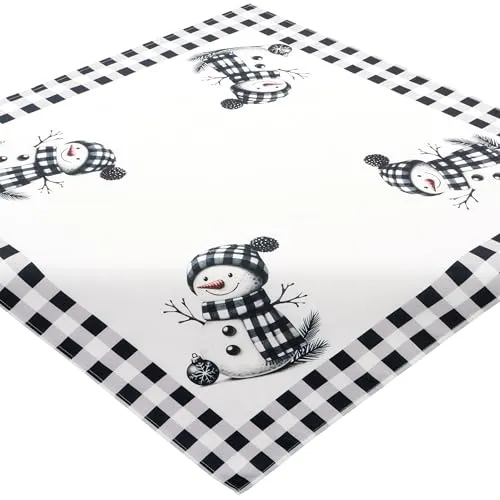 Tischdecke Weihnachten 85x85 Mitteldecke Winter Schneemann Weiß Kariert Weihnachtstischdecke Stoff Pflegeleicht Waschbar
