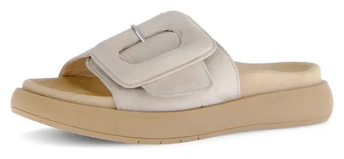Gabor Pantoletten Offwhite mit Klettverschluss in Gr. 41 - Stylische Pantoletten mit ca. 3,5 cm Absatzhöhe und praktischem Klettverschluss. Das Obermaterial aus Rauleder sorgt für hohen Tragekomfort und eine elegante Optik.
