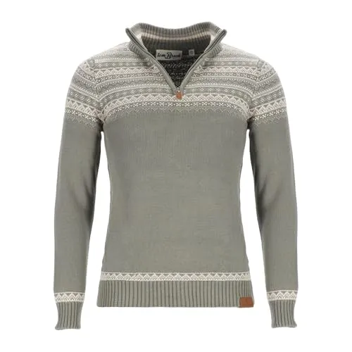 tomBrook Herren Troyer mit Norweger-Strick-Muster - Strickpullover mit Troyer-Kragen aus Baumwolle in Grau-Grün Größe M