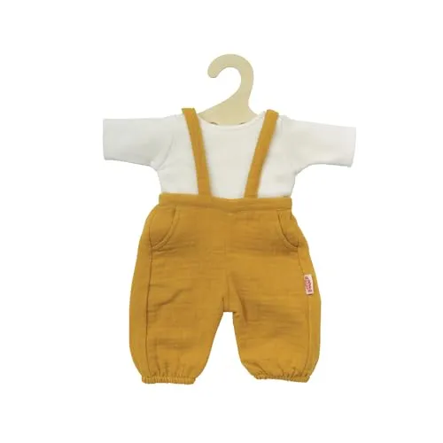 Heless 1415 - Puppenkleidung aus Musselin, 100% Bio-Baumwolle, 2-teiliges Set mit Latzhose in Honiggelb und weißem T-Shirt für Puppen und Kuscheltiere der Größe 28-35 cm