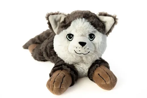Habibi Plush Katze getigert - Wärmekissen und Kuscheltier - Kalt-Warm-Kompressen mit Kräutern, mikrowellengeeignet und wiederverwendbar. Ideal für entspannende Wärme oder kühlende Anwendung in einer süßen Katzenform.