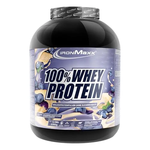 IronMaxx 100% Whey Protein Pulver 2350g - Blaubeere - Cremiger Eiweißshake mit hohem Proteingehalt und BCAAs für optimale Regeneration. Ideal für Fitness und Diät, zuckerarm und in verschiedenen leckeren Geschmacksrichtungen erhältlich.
