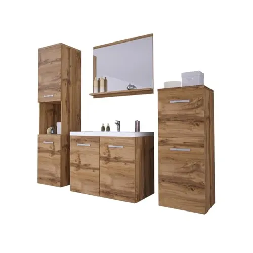 Mirjan24 Badmöbel Set Maja mit Waschbecken und Siphon – Modernes Badezimmer - Komplettes Badmöbel-Set mit Waschbecken, Spiegel und Hochschrank. Hochwertige Verarbeitung für stilvolle Akzente und optimalen Stauraum. Einfache Montage für Ihr modernes Badezimmer.