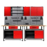 Ondis24 Werkstatt Set Klaus 240cm + 2 Schränke 160/80 Rot - Stabile Werkstattlösung mit 240 cm Breite, ideal für Garage oder Hobbyraum. Modularer Aufbau mit langlebigen Holzarbeitsplatten und abschließbaren Schränken sorgt für optimale Organisation und effizientes Arbeiten.