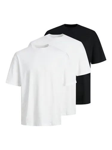 Jack & Jones 3er-Set Herren Shirts in Weiß/Schwarz - Herren plussize 3er-Set Shirts aus 100% Baumwolle, ideal für jeden Anlass, bequemer Rundhalsausschnitt und gerade Passform, in stilvollem Weiß/Schwarz.