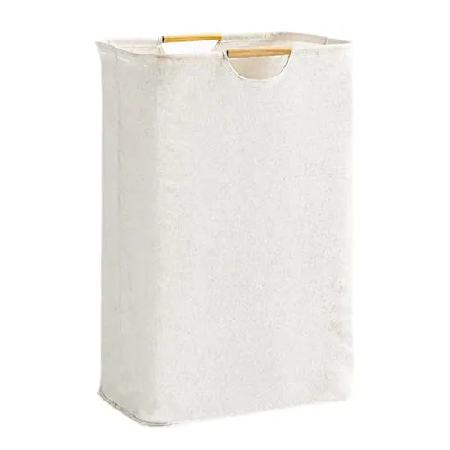 Relota Wäschekorb Faltbarer Geflochten Weiß 39×53×27 cm, Wäschesammler Faltbar Waschkorb Oxford-Gewebe mit Henkel Holzgriff Groß, Laundry Basket für Schlafzimmer, Badezimmer, Schlafsaal