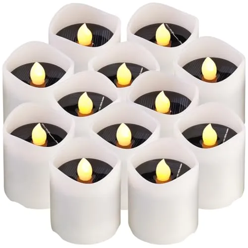 Lunartec Teelichter: 12er-Set Solar-LED-Kerzen, flackernde Flamme, 8 Std. Leuchtdauer, IP44 (Teelichter Fensterbänge, Deko, Akkus)