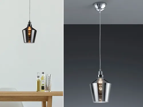 Design LED Pendelleuchte mit Rauchglas Lampenschirm - Elegante einflammige Pendelleuchte für stilvolle Akzente über Esstisch oder in Fluren. Mit modernem Design aus silbernem Metall und rauchfarbigem Glas, ideal für vielseitige Einsatzmöglichkeiten in jedem Wohnraum.