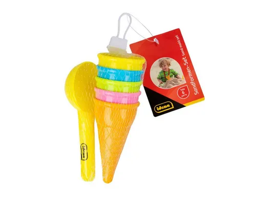 Idena 40376 - Sandspielzeug Set 6-teilig, Eiscreme mit Löffel, farbenfrohe Eiswaffeln, geeignet für Strand und Sandkasten