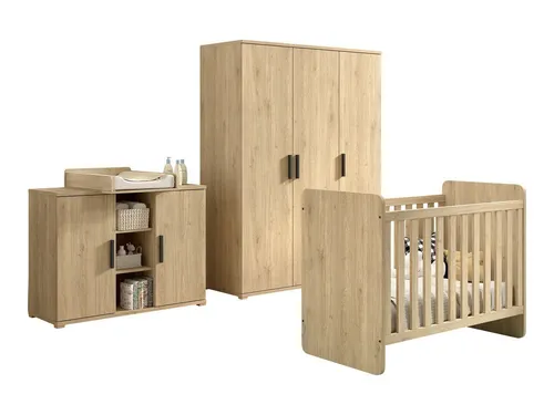 aufm Kessel Babyzimmer-Komplettset Keelia in Eiche - 4-teiliges Babyzimmer Set mit Bett, Wickelkommode und Kleiderschrank. Praktische Komplettlösung mit modernem Design, stabiler Verarbeitung und einfacher Montage. Ideal für den sicheren Rückzugsort Ihres Babys.