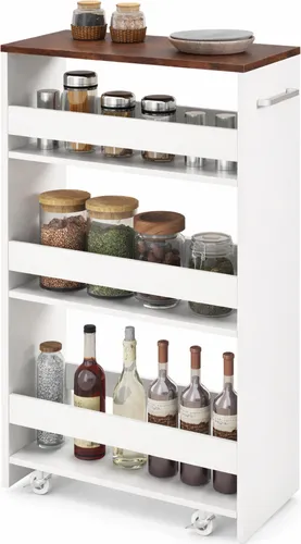 COSTWAY Nischenwagen 25cm breit, 4 Etagen Küchenwagen schmal, Nischenregal auf Rollen, Servierwagen mit Griff & Geländern, Badregal Holz, Weiß