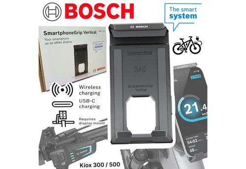 BOSCH Fahrradkurbel Smartphone Grip Vertikal Halterung für Kiox 300/500 - Innovative Halterung für Smartphones im Hochformat, ideal für Kiox 300 und 500. Nutzen Sie Ihr Smartphone als E-Bike Display und genießen Sie Navigation sowie Fahrdaten während der Fahrt. Induktives Laden garantiert Energieversorgung.
