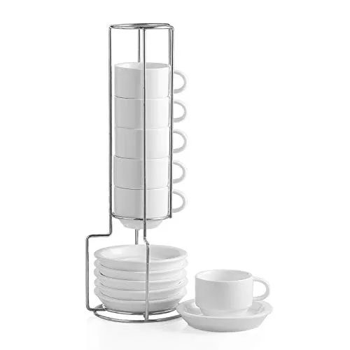 Sweejar Home Porzellan-Espresso-Tassen und Untertasse, stapelbar, mit Metallständer, 70 ml für Latte, Kaffee, Café, Mokka, Tee, 6 Stück weiß