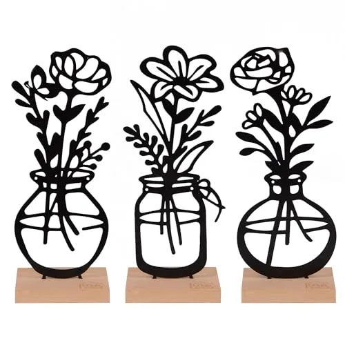UNUS® Deko-Aufsteller 3er Set Vase mit Blumen aus Metall mit Bambus-Sockel, in Schwarz oder Weiß, stilvolle Tischdeko für Wohnzimmer, Fensterbank oder Balkon