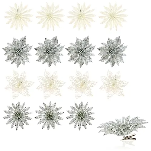 com-four® 16x Deko-Blumen mit Clip - glitzernde Blüten zum Anklemmen - Blumenanstecker als Raumdeko für Weihnachten und Valentinstag - Blüten als Dekoration [Auswahl variiert]